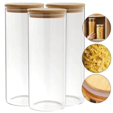 Imagem de Kit 3 Potes Hermético Macarrão De Vidro Tampa Bambo 2000ml Mantimento Borossilicato Hermeticos Cozinha Organização