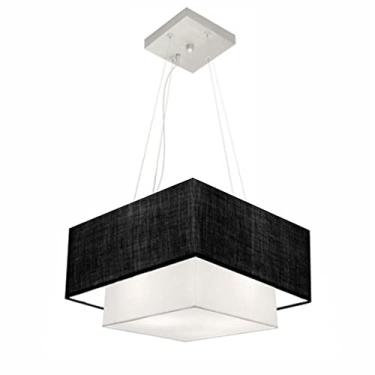 Imagem de Lustre Pendente Quadrado Duplo Cúpula Tecido 25/40x35 cm, Vivare Iluminação, Pendente4157 PRBR, Preto/Branco, Médio