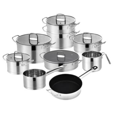 Imagem de Conjunto de utensílios de cozinha 14 peças de aço inoxidável, panelas e frigideiras, indução segura, panela, caçarola, com tampa de vidro, 1 conjunto, um