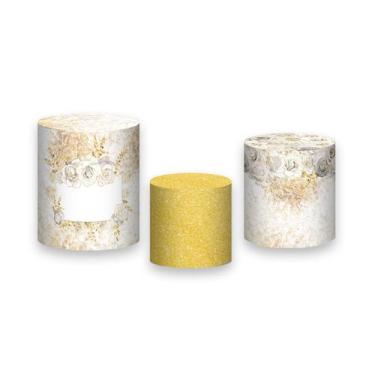 Imagem de Trio de Capas de Cilindro - Dourado com Flores Brancas 042 - Via Cores