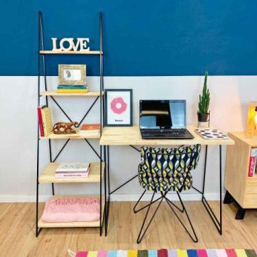 Imagem de Home Office Escrivaninha e Estante Escada Industrial de Ferro e Madeir
