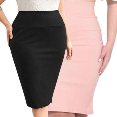 Imagem de Kit 2 Saia Lapis Midi Bengaline Feminina Lisa Secretária Cintura Alta 
