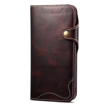 Imagem de HAO RIYLN Capa carteira para iPhone 16 Pro Max/16 Pro/16 Plus/16, capa de couro genuíno com proteção flip Wristrap fecho magnético retrô à prova de choque capa interna de TPU (poliuretano