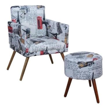 Imagem de Kit Poltrona Decorativa Nina com Rodapé e Puff Banqueta Redondo Classi