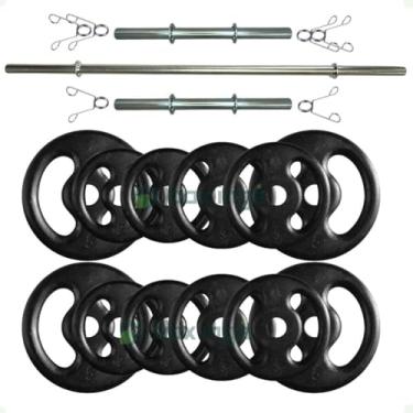 Imagem de Kit 40 Kg de Anilhas Ferro + 2 Barras Maciças Zincada 40cm e Barra de 150cm