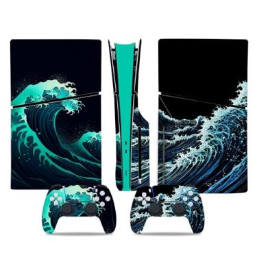 Imagem de Adesivo de película compatível com console e controle de PS5 Slim, decalque de vinil protetor com design de onda do mar para edição de disco