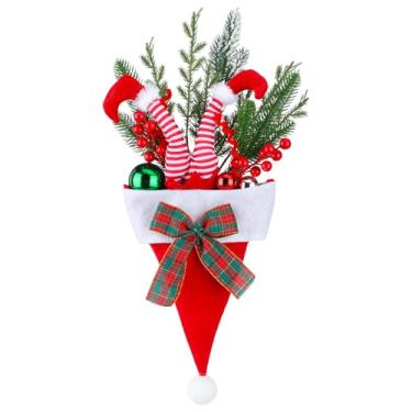 Imagem de Cinnvoice Guirlanda de Natal para porta da frente chapéu de Papai Noel artificial guirlanda com pernas de elfo bola de luz de Natal enfeite de parede para decoração de parede de Natal porta da frente