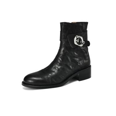 Imagem de TinaCus Bota de cano curto casual de couro legítimo com fivela feita à mão com zíper e salto grosso, Preto, 34