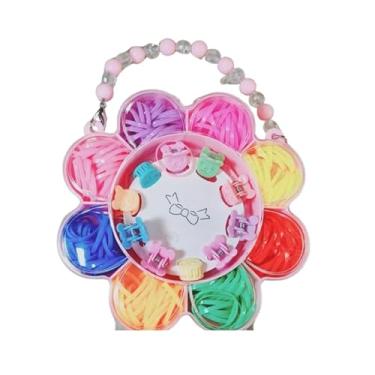 Imagem de Estojo Infantil Formato Florzinha com Elásticos Coloridos para Cabelo, Rosa, com Alça de Miçangas
