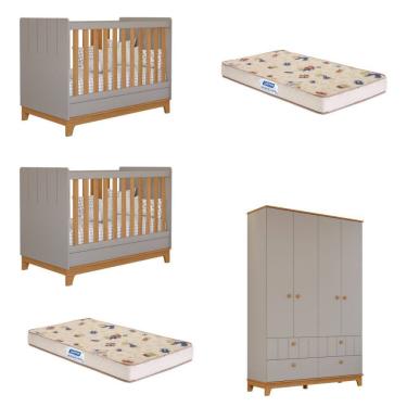 Imagem de Quarto Bebê Gêmeos 2 Berço Mini Cama Guarda Roupa Liza Permobili e 2 Colchões Gazin