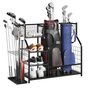 Imagem de StarlightStroll Organizador de armazenamento de golfe para garagem, organizador de saco de golfe, organizador de equipamentos esportivos para garagem, suporte de saco de golfe para garagem com cestas