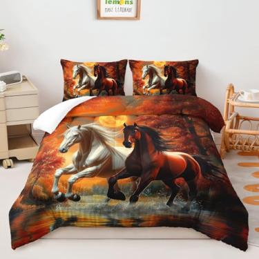 Imagem de AILONEN Conjunto de edredom de cavalos galopantes, branco e marrom, tamanho solteiro, floresta da lua, 3 peças, 1 colcha + 2 fronhas para uma decoração de quarto serena e inspirada na natureza