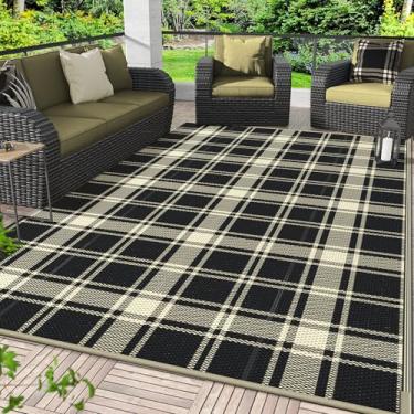 Imagem de Tapete GENIMO para área externa, reversível, 243 cm x 304 cm, palha de plástico, leve e impermeável, para trailer, para acampamento, pátio, varanda, deck, quintal, piquenique, preto e bege