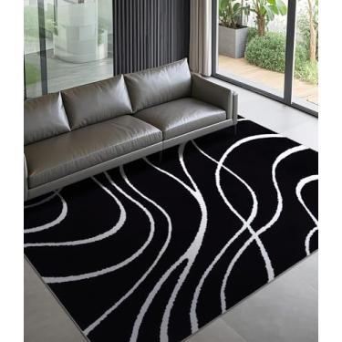 Imagem de YIHOUSE Tapete preto moderno 12 x 18 cm, tapetes abstratos para quarto, tapete geométrico preto e branco, tapete listrado minimalista, tapetes laváveis escuros 12 x 18 cm, tapetes antiderrapantes para