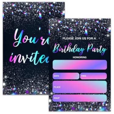 Imagem de Nopoben Cartões de convite de aniversário pretos e brilhantes para meninos e meninas, convites de festa moderna para adolescentes adultos, 20 cartões de convite de preenchimento dupla face com