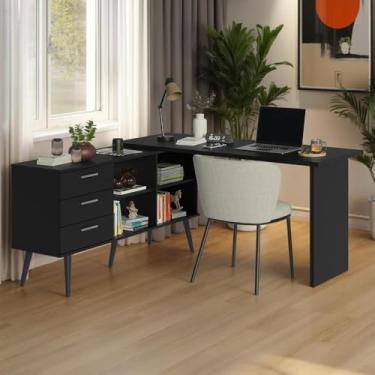 Imagem de Mesa de Estudos em L 3 Gavetas Preto Lisboa Madesa