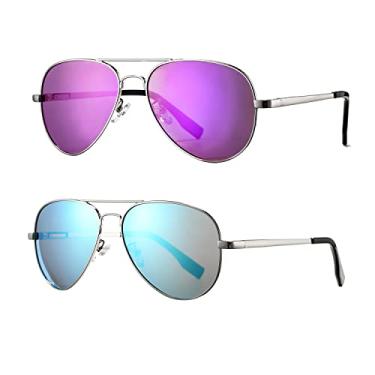 Imagem de Óculos de sol aviador polarizado para homens e mulheres, armação de metal leve com proteção UV400, Silver Frame/Purple Lens,silve Frame/Blue Lens, MM