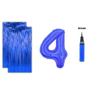 Imagem de Kit 2 Cortinas Metalizadas e Balão Número +Inflador Ar- Azul - Partiuf