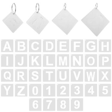 Imagem de 144 peças de estênceis de letras e números, 4 tamanhos, modelos de números do alfabeto e 4 anéis de fichário, estênceis de plástico reutilizáveis para pintura em madeira, paredes, tecidos, sinais