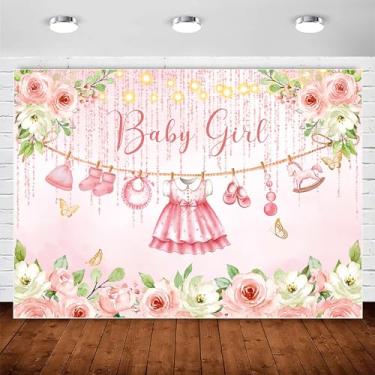 Imagem de InMemory Pano de fundo para chá de bebê, decoração de festa floral rosa, com glitter, ouro rosa, roupas de bebê, fundo fotográfico, é uma faixa de festa de chá de bebê para meninas, suprimentos para