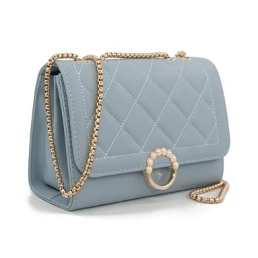 Imagem de PORT&LOTUS Elegante bolsa de ombro feminina clássica com aba designer bolsas femininas fofas para mulheres modernas, Azul claro quadriculado