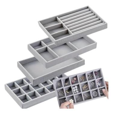 Imagem de Porta Joias Kit de Bandejas Empilháveis de Veludo - Organizador Elegante Multiuso para Closet, Gavetas e Armários - Bandejas de Exibição para Brincos, Pulseiras, Colares e Anéis