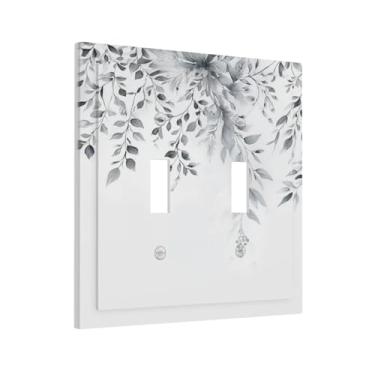 Imagem de Xuejiaku Placa de cobertura para interruptor de luz, cinza, branco, folhas de eucalipto, vintage, floral, 2 gangues, capas de placa de interruptor duplo, placa decorativa para decoração de quarto