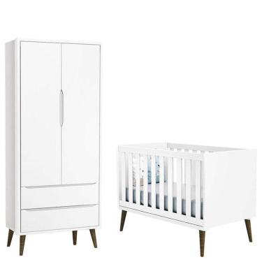 Imagem de Berço Americano E Guarda Roupa 2 Portas Infantil Theo Branco Acetinado Com Pés Amadeirado ? Reller