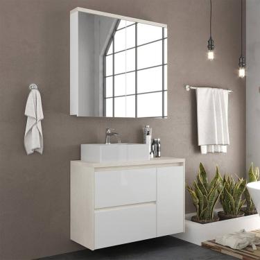 Imagem de Gabinete de Banheiro 90cm com Cuba e Espelheira Arenito/Branco