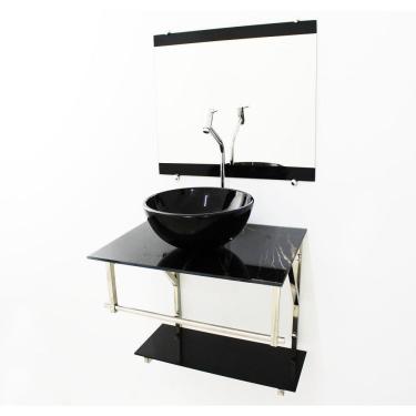 Imagem de Kit Gabinete 60Cm Cuba Redonda  Mármore Preto + Torneira