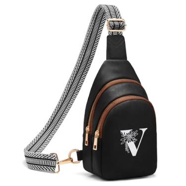 Imagem de Viverte Bolsas transversais femininas com inicial, pochete transversal, presentes personalizados para mãe e esposa, Preto com marrom, V