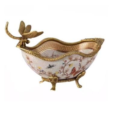 Imagem de Prato de frutas de cerâmica retrô, tigela de armazenamento floral pintada à mão criativa, fruteira decorativa para bancadas de cozinha, mesa de jantar