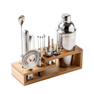 Imagem de ZZTWER Kit de bartender, conjunto de 16 peças, conjunto de ferramentas de barra de aço inoxidável com suporte de bambu, conjunto de ferramentas de barman para bar, bebida, mistura, bar, coqueteleira