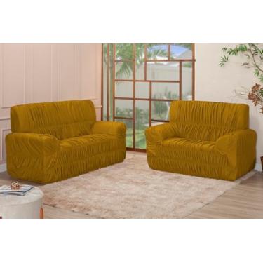 Imagem de Kit Capa para Sofá 3 e 2 Lugares, Malha Gel Poliéster, 21 Elásticos, Ajuste Coladinho, Estilo Contemporâneo (MOSTARDA)
