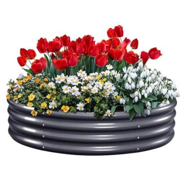 Imagem de KING BIRD Canteiro de jardim elevado galvanizado redondo para jardinagem, plantas, vegetais, flores, cinza escuro, 120 x 120 x 30 cm
