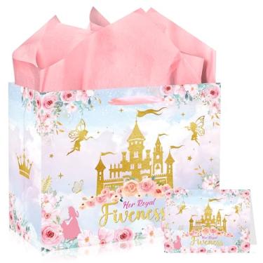Imagem de MOIZYNG Bolsa de presente de aniversário Her Royal Fiveness, rosa dourado castelo floral princesa 5º aniversário sacos de embrulho com alças, papel de seda e cartão de felicitações para meninas 5 anos