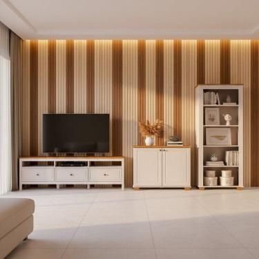 Imagem de Conjunto de Sala 3 Peças 1 Rack, 1 Estante,1 Armário Madeira Maciça Ananda Cabecasa Madeiramadeira Off White/Mel