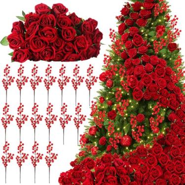 Imagem de Arrowbash 60 peças de flores artificiais de veludo rosa de veludo, flores artificiais vermelhas e flores falsas para árvore de Natal, Dia dos Namorados, artesanato, buquê de casamento, festa, mesa