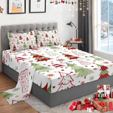 Imagem de WeCozy Jogo de lençol casal de Natal com 4 peças com bolso profundo de 35,5 cm, árvore de Natal colorida para crianças e adultos, roupa de cama divertida de férias de inverno com 2 fronhas para