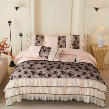 Imagem de Luxuoso conjunto de capa de edredom solteiro borboleta de renda preta, 3 camadas, borda de babados, estilo vintage francês, 2 peças, 1 capa de edredom com 1 fronha, sem edredom