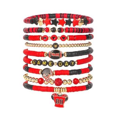Imagem de coadipress 9 peças de pulseira de futebol para dia de jogo para mulheres, homens, berloques de argila heishi, contas elásticas, empilháveis, joias esportivas, pulseiras de futebol, mães, pais, fãs de