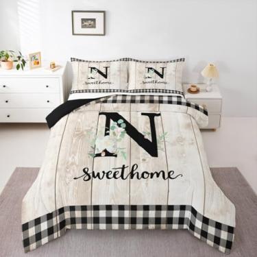 Imagem de Erosebridal Conjunto de cama solteiro com letras alfabeto e xadrez, rústico, bege, flores rústicas, floral, para crianças, meninos, meninas, mulheres, porta de celeiro de madeira, decoração de casa de