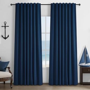 Imagem de Cortinas blecaute azul marinho 226 cm de comprimento para quartos de crianças/meninos, quarto, cortinas plissadas do chão ao teto, com ganchos, cortina costeira térmica de linho, azul escuro, 127 cm L