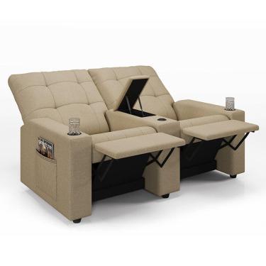 Imagem de Poltrona do Papai Reclinável Cinema 2 Lugares Manual Baú USB Haifa F05 Linho Bege - Lyam Decor