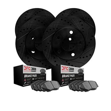 Imagem de Dynamic Friction Company Rotores de freio dianteiro traseiro, perfurados e ranhurados, preto com pastilhas de freio de cerâmica série 3000 8304-76034