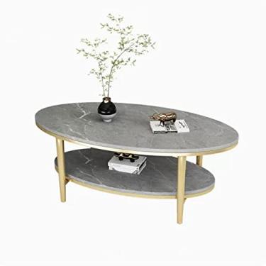 Imagem de Mesa de centro de design simples oval para sala de estar, mesa de centro moderna de 2 camadas com prateleira de armazenamento aberta, mesa de pedra com moldura de metal, mesa de coquetel central