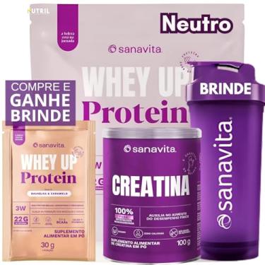 Imagem de Kit Whey Up Protein Creatina Monohidratada Pure Coqueteleira Sanavita - Kit Creatina Monohidratada 100% Pure + Whey Isolado Concentrado e Hidrolisado 22g Proteína + Shakeira - Sanavita - Desempenho Físico - Força - Saúde (Whey Up Neutro + Creatina 100g Pure)