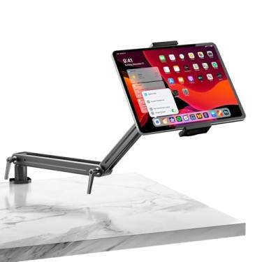 Imagem de Suporte de suporte para tablet/monitor portátil/leitor eletrônico – peso de rolamento forte acima de 2 kg, braçadeira grande suporta até 47 cm base giratória 360° suporte de braço de mesa alto