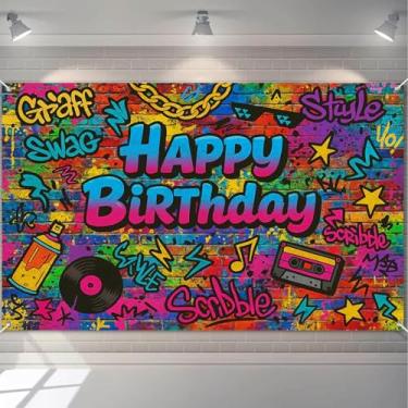 Imagem de HOMETITUTE Graffiti Street Faixa de Feliz Aniversário Colorida Graffiti Tinta Spray Pano de Fundo com Fitas Cassete, Discos de Vinil Pano de Fundo para Festa ao Ar Livre Férias Fotografia Banner 180 x