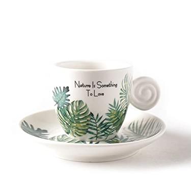 Imagem de GRFIT Caneca Fresh Style Conjunto de copos de café expresso de 90 ml com bandeja Monstera Leaf Frost pequena caneca de café preta italiana Taza Tasse Xicara caneca de café
